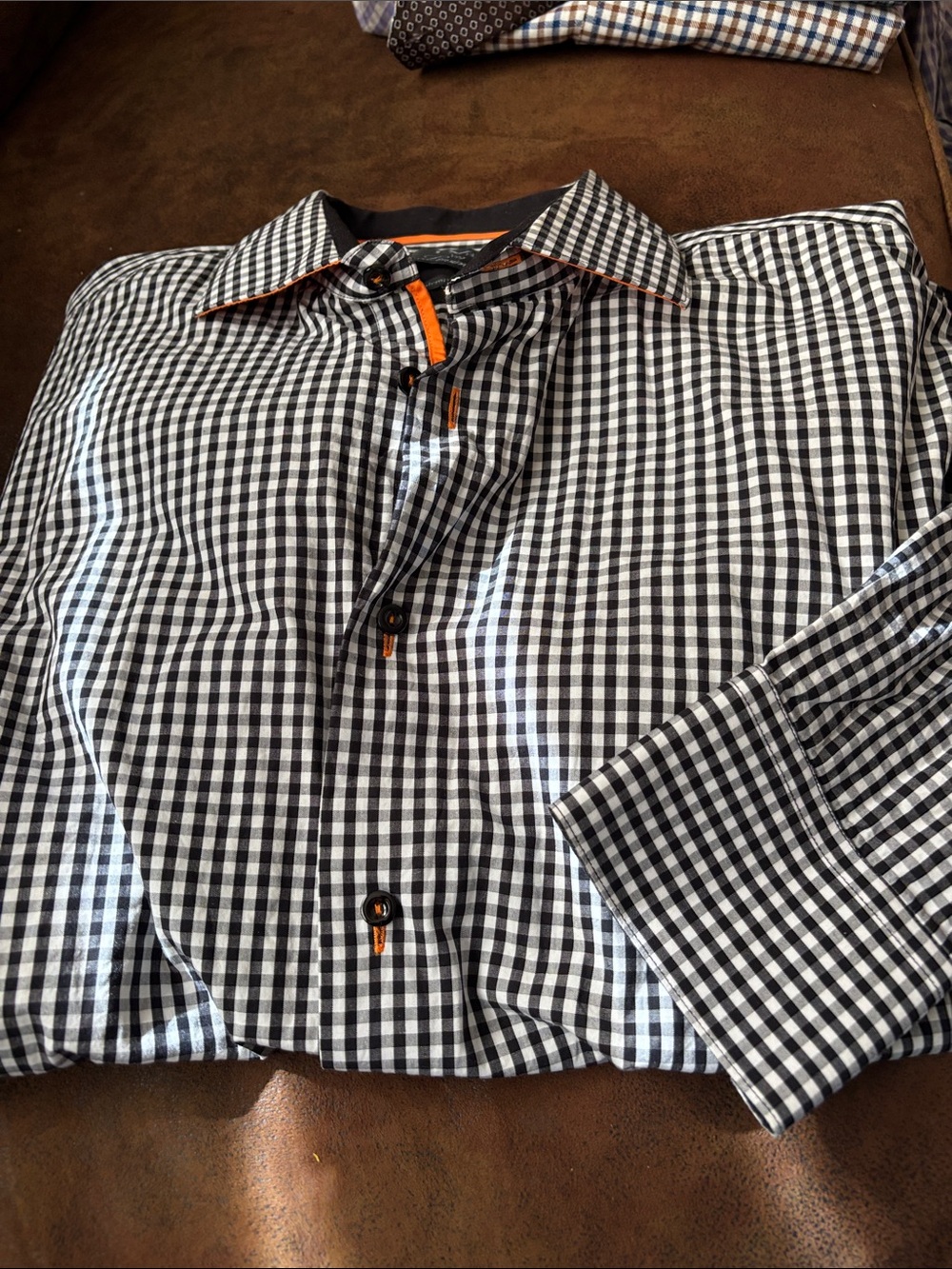 Lv’s by Levinas Black & White Check Long-Sleeve Men’s Shirt with Orange Trim